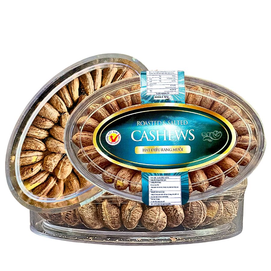 Hạt Điều Rang Muối - Điều Lụa Size Cồ 380 Hạt/1KG Hộp Meca Xếp Hoa 2 lớp 350g Tem Xanh Lục