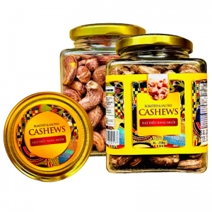 Hạt Điều Rang Muối - Điều Lụa Size Cồ 380 Hạt/1KG Khối Lượng Tịnh 250g – Hủ thủy tinh vuông 500ml tem vàng