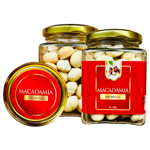 Hạt Mắc ca Nhân Size Đại Khối Lượng Tịnh 200g – Hủ thuỷ tinh vuông 380ML tem Đỏ
