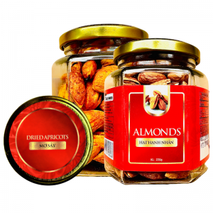 Hạnh Nhân Mỹ – Vỏ Bơ Khối lượng tịnh 200g – Hủ thuỷ tinh lục giác 380ML tem Đỏ