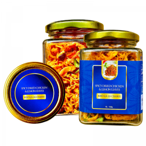 Khô Gà Lá Chanh Khối Lượng Tịnh 150g – Hủ thủy tinh vuông 380 ml tem Xanh