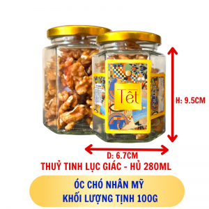 Hạt óc chó nhân mỹ  KHỐI LƯỢNG TỊNH 100G thuỷ tinh lục giác - hủ 280ML