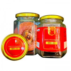 Hồng sấy dẻo Khối Lượng Tịnh 220g – Hủ thủy tinh lục giác 380ml tem Đỏ