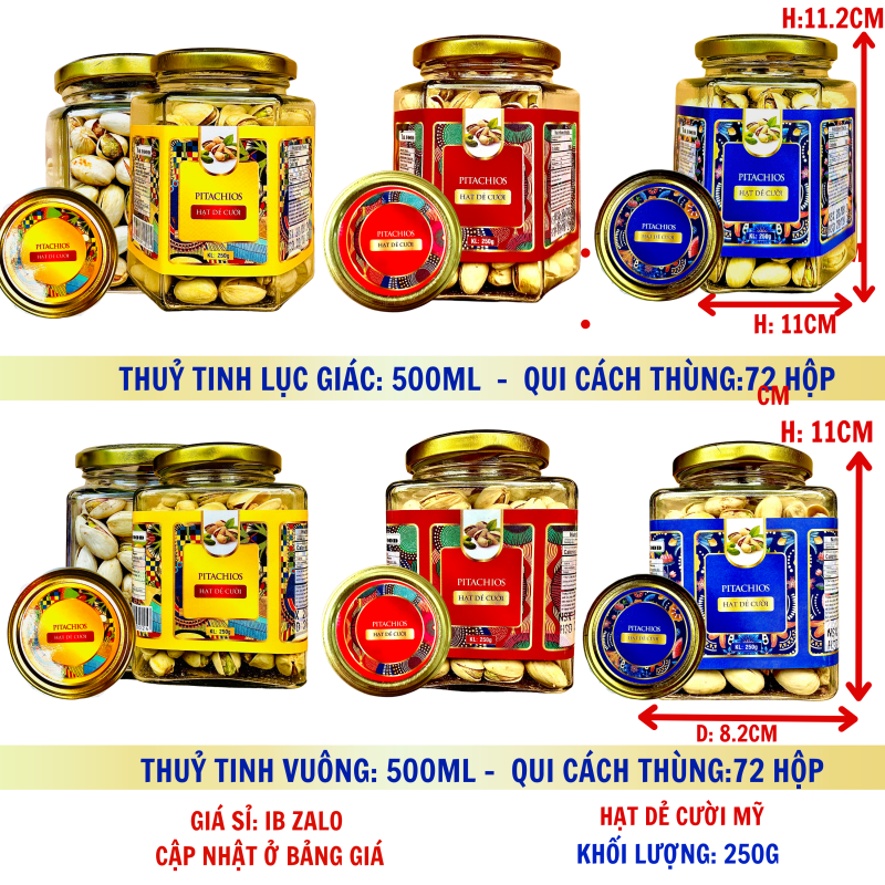 Hạt Dẻ Cười Không Tẩy Khối Lượng Tịnh 250g – Hủ thủy tinh lục giác và vuông 500ml