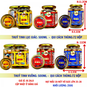 Hạt Mắcca Nứt Vỏ Size Lớn 25-28 Khối Lượng Tịnh 250g – Hủ thủy tinh lục giác và vuông 500ml (TEM XANH, ĐỎ, VÀNG)