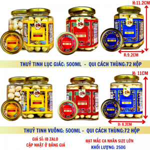Hạt Mắc ca Nhân size Lớn 25-28 Khối Lượng Tịnh 250g – Hủ thủy tinh lục giác và vuông 500ml (TEM XANH, ĐỎ, VÀNG)
