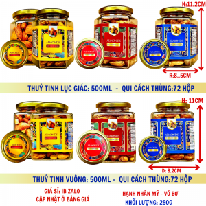 Hạnh Nhân Mỹ – Vỏ Bơ Khối Lượng Tịnh 250g – Hủ thủy tinh lục giác và vuông 500ml (TEM XANH, ĐỎ, VÀNG)