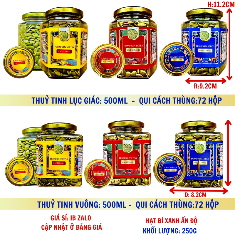 Hạt Bí Xanh ( không vỏ ) Lượng Tịnh 300g – Hủ thủy tinh lục giác và vuông 500ml (TEM XANH, ĐỎ, VÀNG)