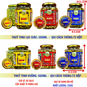 Hạt Bí Xanh ( không vỏ ) Lượng Tịnh 300g – Hủ thủy tinh lục giác và vuông 500ml (TEM XANH, ĐỎ, VÀNG)