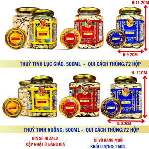 Hạt Bí ( còn vỏ , rang muối ) Lượng Tịnh 220g – Hủ thủy tinh lục giác và vuông 500ml (TEM XANH, ĐỎ, VÀNG)