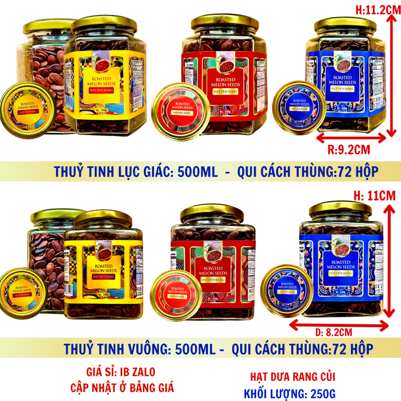Hạt Dưa Rang Củi Khối Lượng Tịnh 250g – Hủ thủy tinh lục giác và vuông 500ml (TEM XANH, ĐỎ, VÀNG)