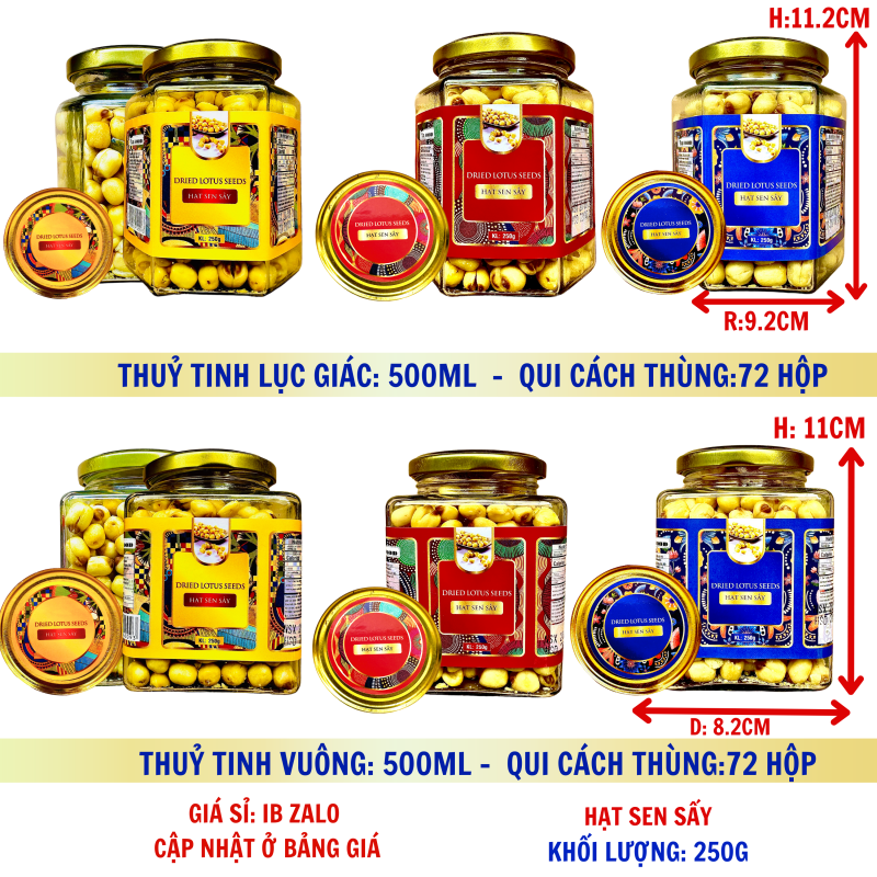 Hạt Sen Sấy Khô Loại 1 Khối Lượng Tịnh 220g – Hủ thủy tinh lục giác và vuông 500ml (TEM XANH, ĐỎ, VÀNG)