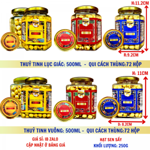 Hạt Sen Sấy Khô Loại 1 Khối Lượng Tịnh 220g – Hủ thủy tinh lục giác và vuông 500ml (TEM XANH, ĐỎ, VÀNG)