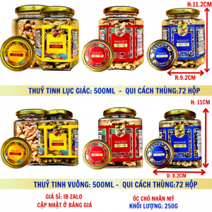 Hạt Óc Chó Nhân Mỹ Khối Lượng Tịnh 200g – Hủ thủy tinh lục giác và vuông 500ml (TEM XANH, ĐỎ, VÀNG)