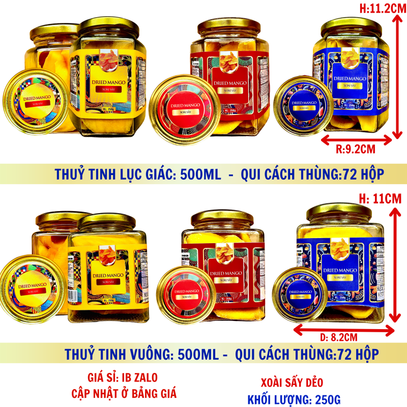 Xoài Sấy Dẻo Cao Cấp Khối Lượng Tịnh 200g – Hủ thủy tinh lục giác và vuông 500ml (TEM XANH, ĐỎ, VÀNG)