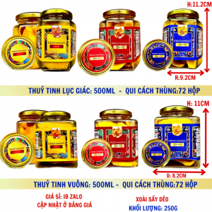 Xoài Sấy Dẻo Cao Cấp Khối Lượng Tịnh 200g – Hủ thủy tinh lục giác và vuông 500ml (TEM XANH, ĐỎ, VÀNG)