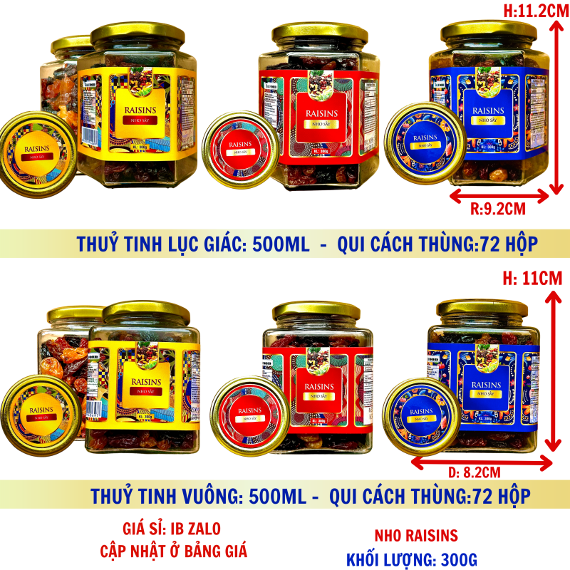Nho Mỹ Sấy Raisins Lượng Tịnh 180g – Hủ thủy tinh lục giác và vuông 500ml (TEM XANH, ĐỎ, VÀNG)
