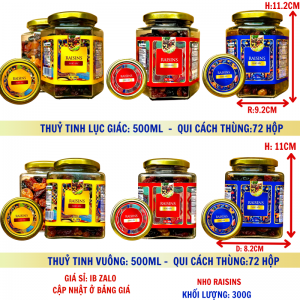 Nho Mỹ Sấy Raisins Lượng Tịnh 180g – Hủ thủy tinh lục giác và vuông 500ml (TEM XANH, ĐỎ, VÀNG)