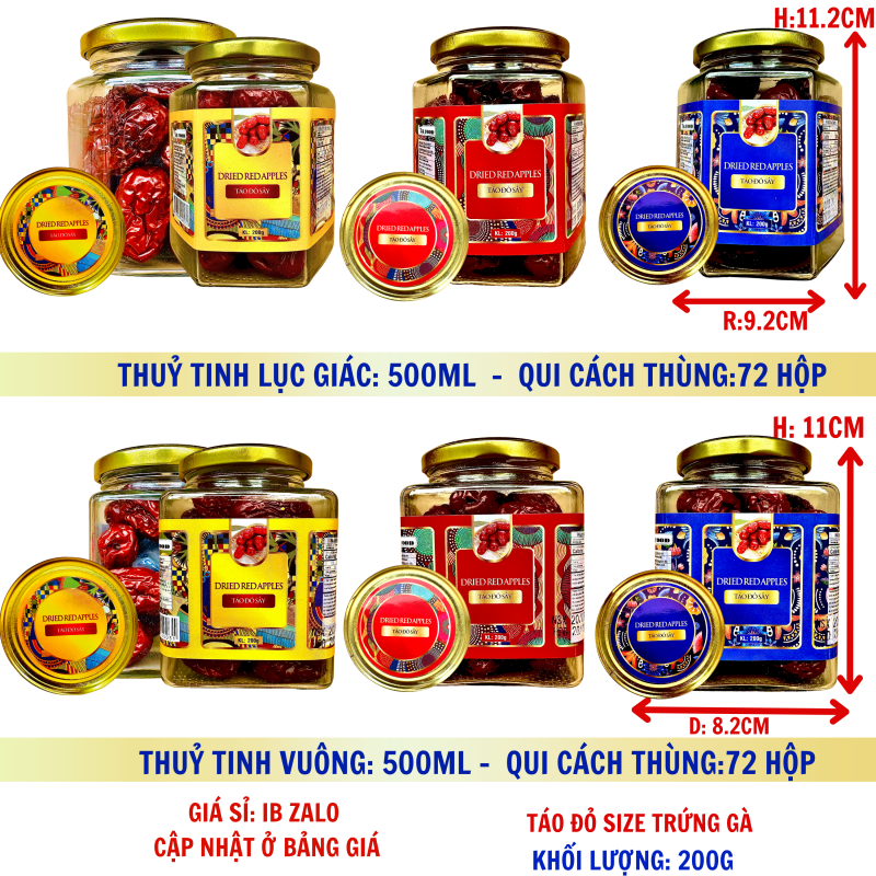 Táo Đỏ Size Trứng Gà Khối Lượng Tịnh 180g – Hủ thủy tinh lục giác và vuông 500ml (TEM XANH, ĐỎ, VÀNG)