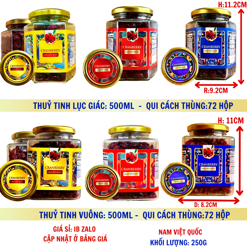 Việt Quất Khối Lượng Tịnh 200g – Hủ thủy tinh lục giác và vuông 500ml (TEM XANH, ĐỎ, VÀNG)