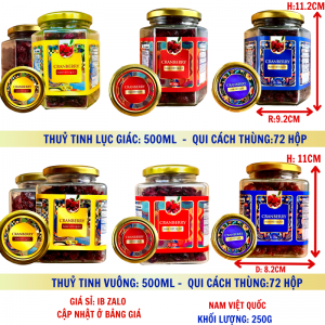 Việt Quất Khối Lượng Tịnh 200g – Hủ thủy tinh lục giác và vuông 500ml (TEM XANH, ĐỎ, VÀNG)