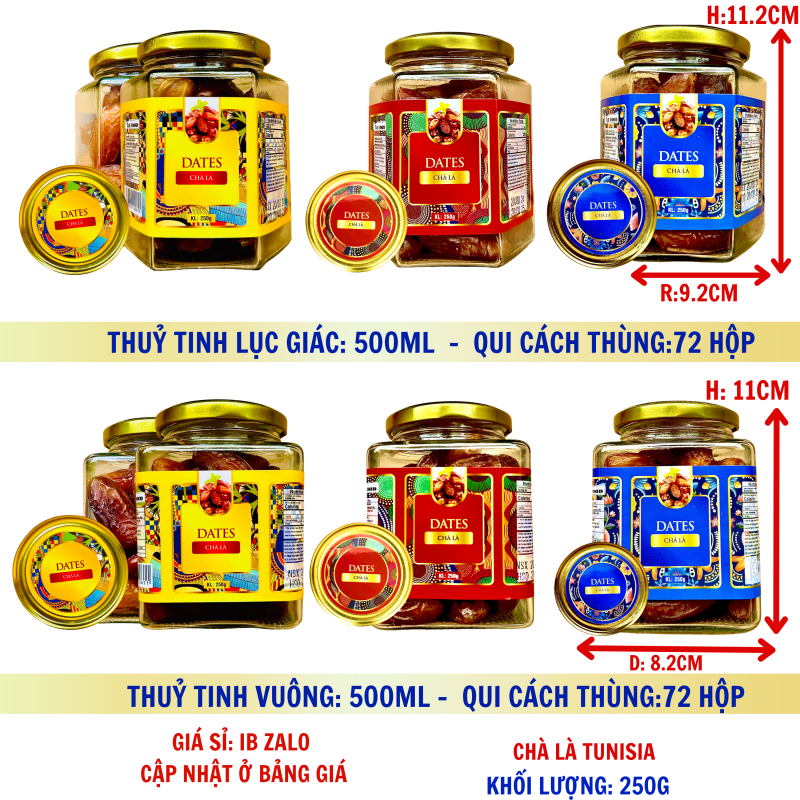 Chà là Khối Lượng Tịnh 200g – Hủ thủy tinh lục giác và vuông 500ml (TEM XANH, ĐỎ, VÀNG)