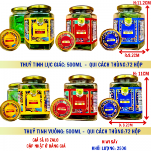 Ki Wi Sấy Khối Lượng Tịnh 250g – Hủ thủy tinh lục giác và vuông 500ml (TEM XANH, ĐỎ, VÀNG)