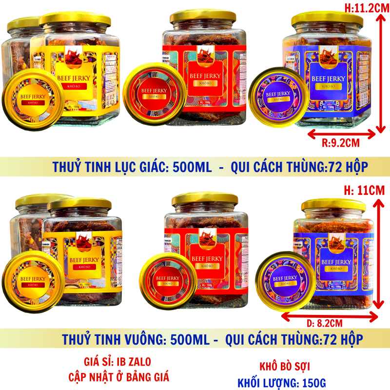 Khô Bò Sợi Cao Cấp Khối Lượng Tịnh 180g – Hủ thủy tinh lục giác và vuông 500ml (TEM XANH, ĐỎ, VÀNG)
