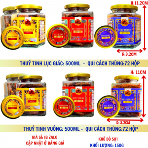 Khô Bò Sợi Cao Cấp Khối Lượng Tịnh 180g – Hủ thủy tinh lục giác và vuông 500ml (TEM XANH, ĐỎ, VÀNG)