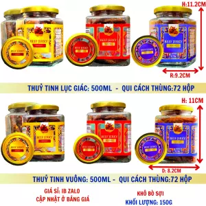 Khô Bò Sợi Cao Cấp Khối Lượng Tịnh 180g – Hủ thủy tinh lục giác và vuông 500ml (TEM XANH, ĐỎ, VÀNG)