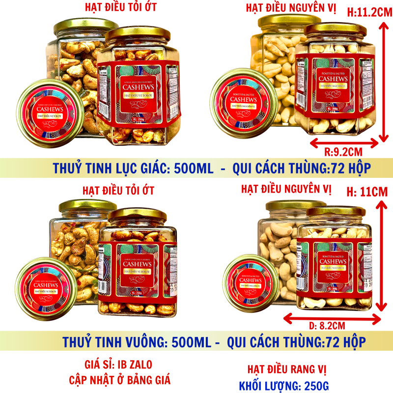 Hạt Điều Rang Tỏi Ớt Nguyên Vị Khối Lượng Tịnh 250g – Hủ thủy tinh lục giác và vuông 500ml (TEM ĐỎ)
