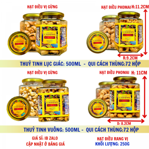 Hạt Điều Rang PhoMai Gừng Khối Lượng Tịnh 250g – Hủ thủy tinh lục giác và vuông 500ml (TEM VÀNG)