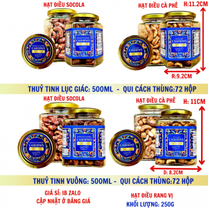 Hạt Điều Rang Cà Phê Chôclate Khối Lượng Tịnh 250g – Hủ thủy tinh lục giác và vuông 500ml (TEMXANH)