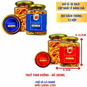 Khô Gà lá Chanh Cao Cấp Khối Lượng Tịnh 150g – Hủ thủy tinh vuông 380ml (TEM XANH, ĐỎ)